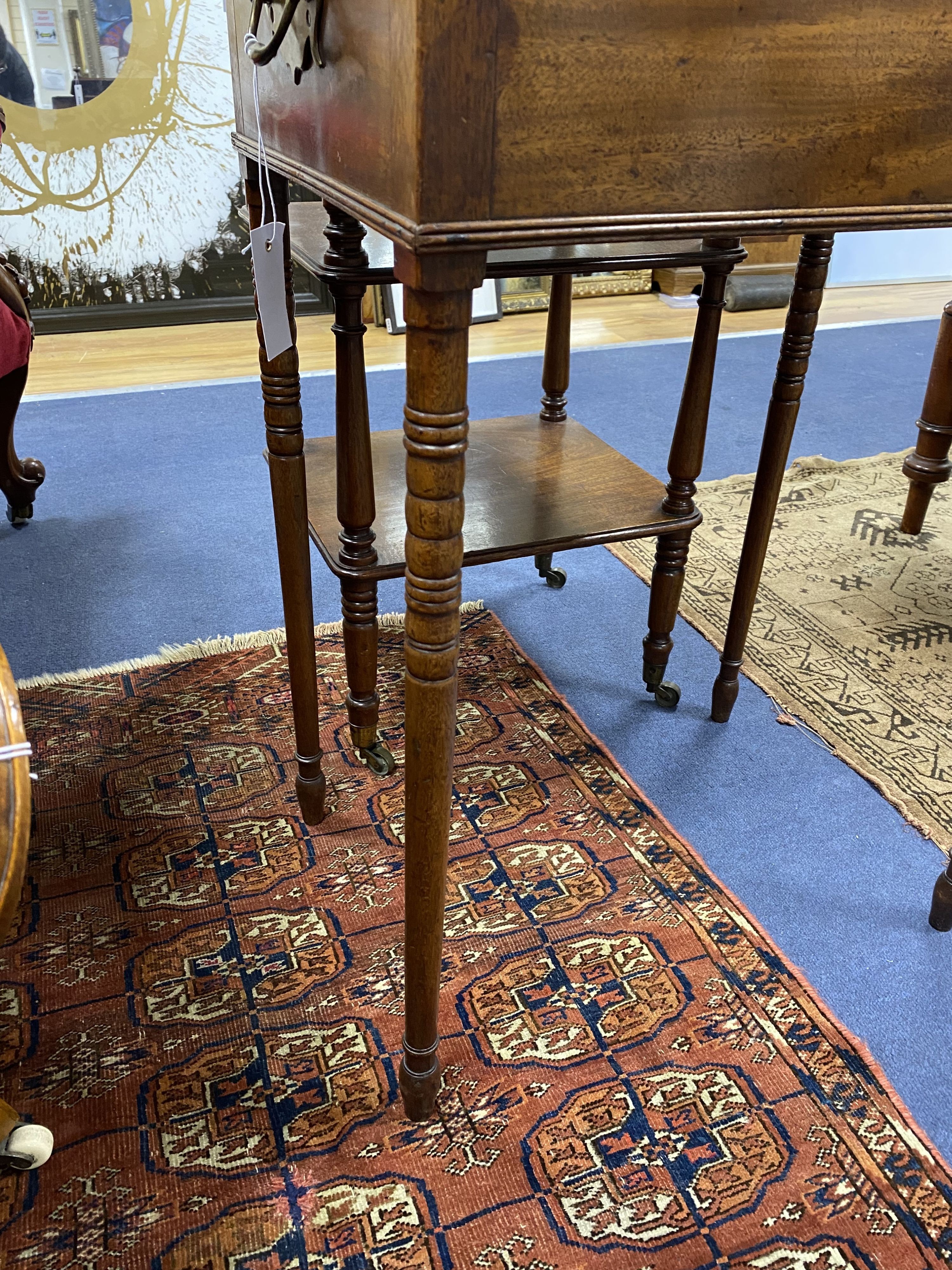 A Regency banded mahogany hinged top work table, width 52cm, depth 37cm, height 74cm